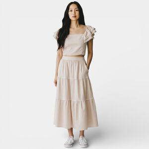 Women's Cream Tiered Skirt Set with Square Neck Top